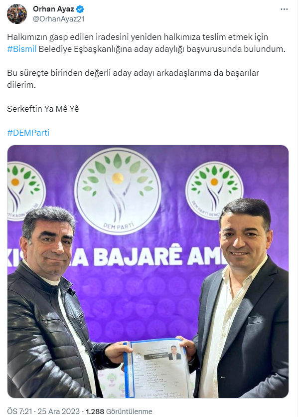 Yerine Kayyum Atanan Bismil Belediye Eş Başkanı Orhan Ayaz, Adaylık Başvurusunda Bulundu 1