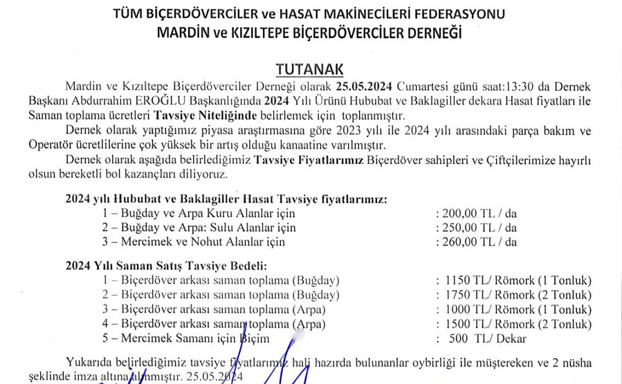 Mardin’de Biçerdöver Hasat Ücretleri Belirlendi