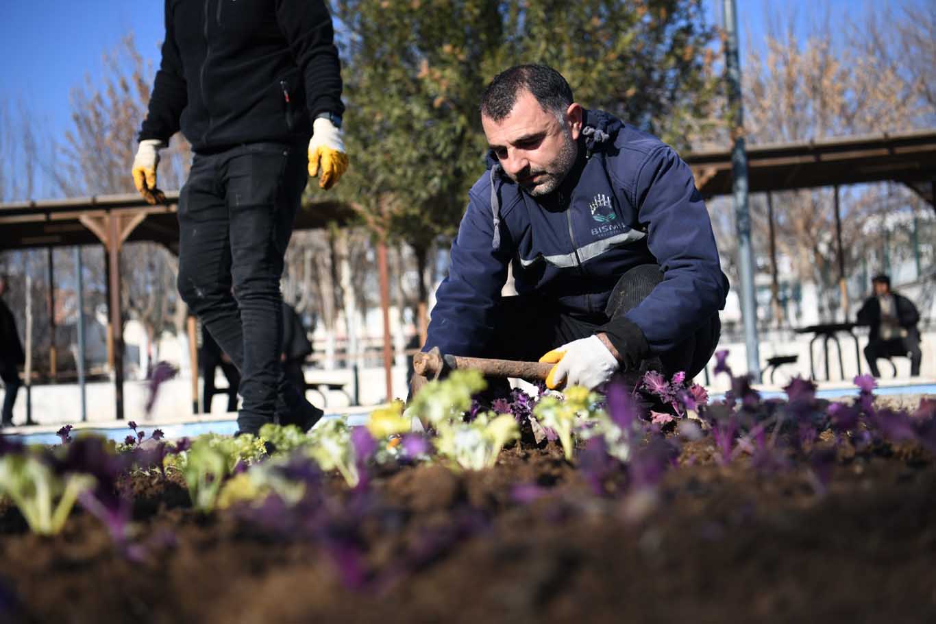 Bismil’de Parklara Mevsimlik Çiçek Ekildi 1