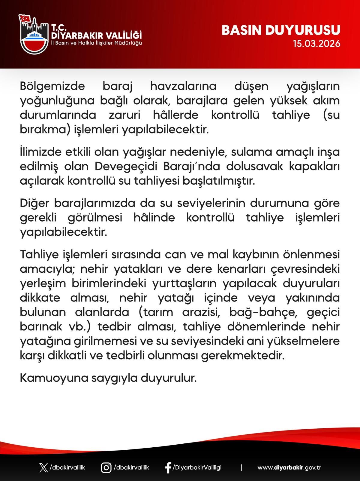 Diyarbakır Valiliği Barajlar Için Su Tahliyesi Uyarısı