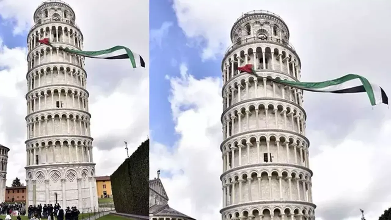 İtalya'da Pisa Kulesi'nde Büyük Filistin Bayrağı Dalgalanıyor