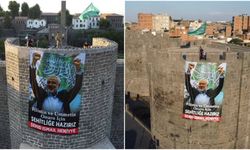 Diyarbakır surlarına İsmail Heniyye'nin posteri asıldı