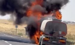 Asfalt yüklü tanker alev alev yandı