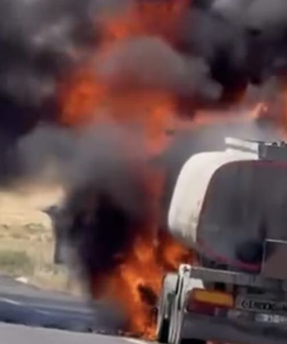 Asfalt yüklü tanker alev alev yandı