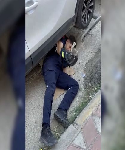 Otomobilin Motoruna Giren Minik Kediyi İtfaiye Ekipleri Kurtardı