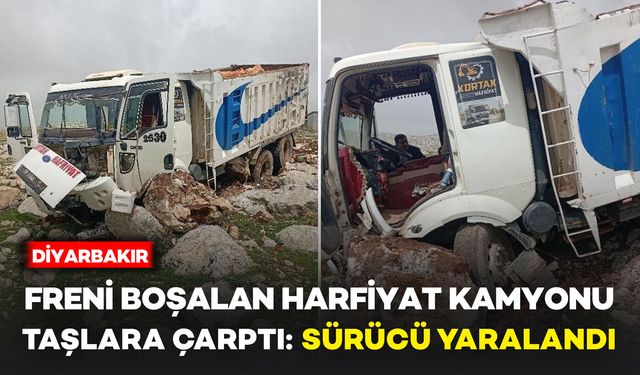 Diyarbakır’da freni boşalan hafriyat kamyonu taşlara çarptı: Sürücü yaralandı