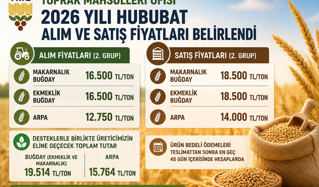 TMO 2026 Hububat Alım Fiyatlarını Açıkladı: Buğday 16 Bin 500 TL, Arpa 12 Bin 750 TL
