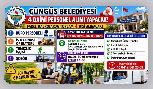 Çüngüş Belediyesi 4 Daimi İşçi Alımı Yapacak
