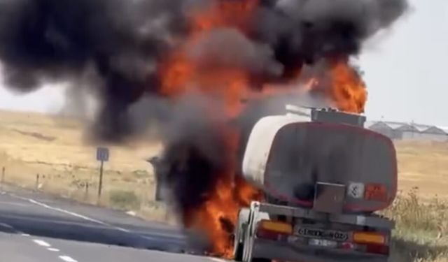Asfalt yüklü tanker alev alev yandı