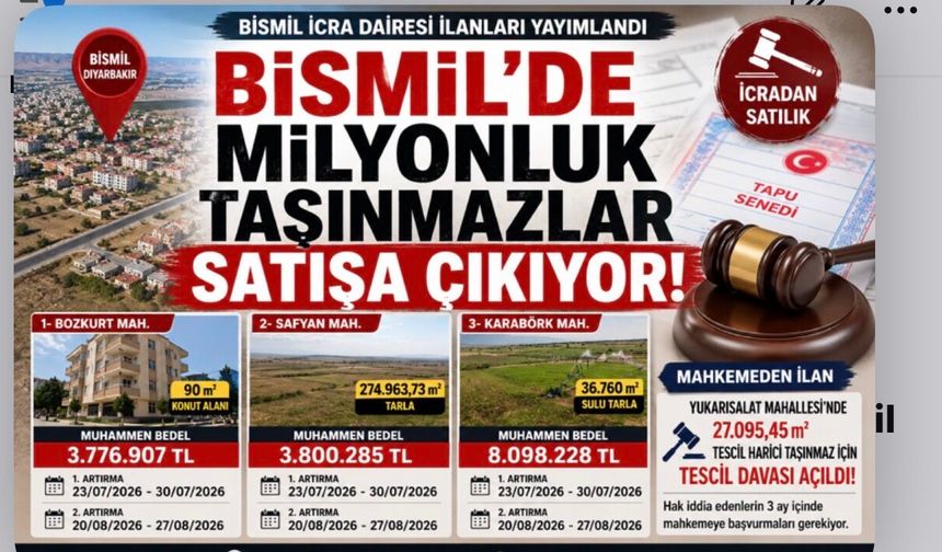 Bismil’de Milyonluk Taşınmazlar İcradan Satışa Çıkıyor