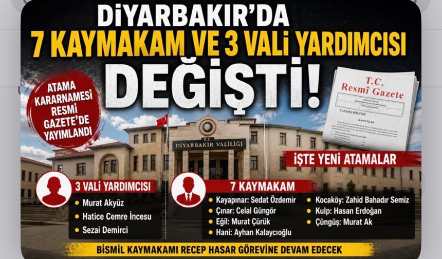 Diyarbakır'da Mülki İdarede Büyük Değişim: 7 Kaymakam ve 3 Vali Yardımcısı Değişti