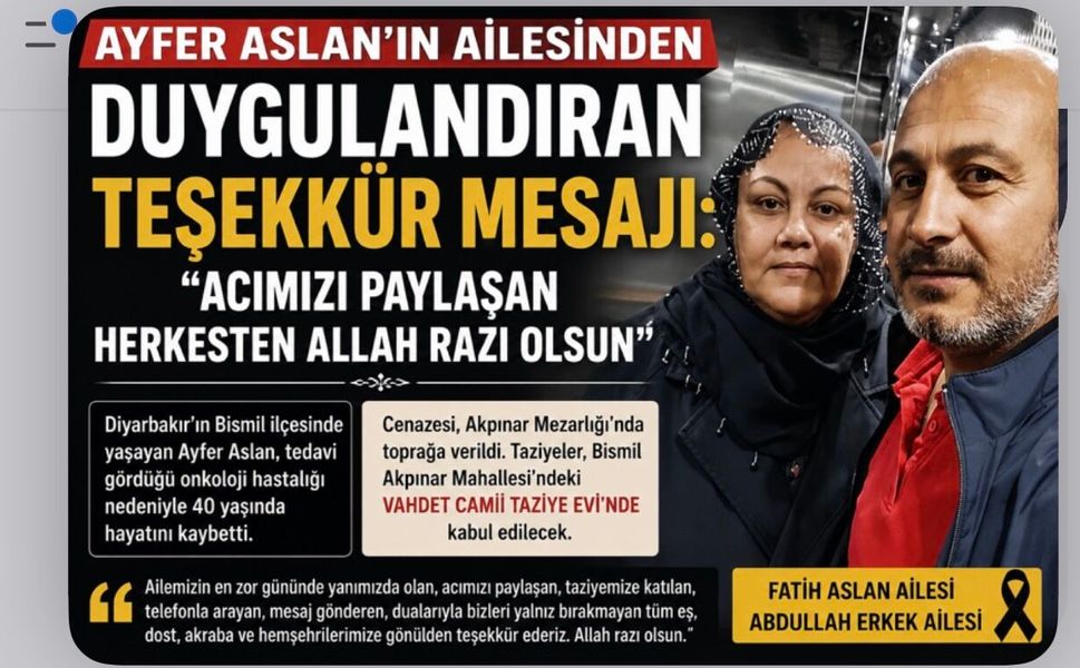 Ayfer Aslan'ın Ailesinden Duygulandıran Teşekkür Mesajı: "Acımızı Paylaşan Herkesten Allah Razı Olsun"